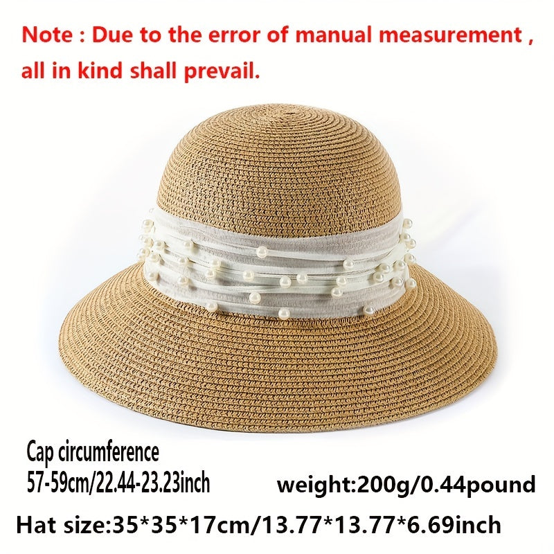 Summer Wide Brim Bucket Hat Faux Pearl Strap Sunscreen Straw Hats Fisherman Cap
