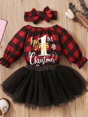 3pcs Baby Girls My 1st Christmas Plaid Romper & Tutu Set
