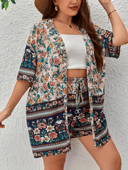 Boho 2 Piece Set: Floral Cover Up & Drawstring Shorts