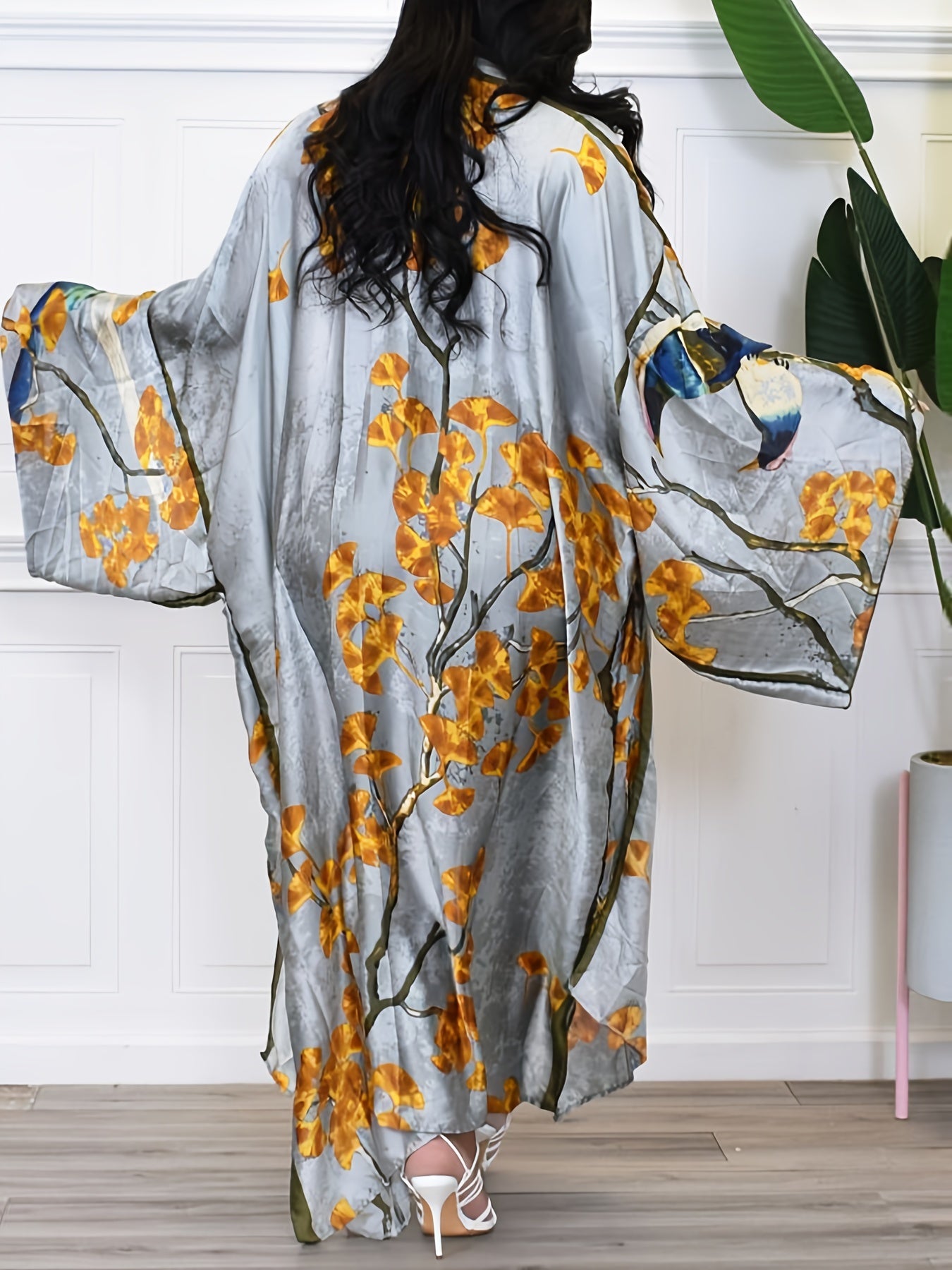 Plus Leaf Print Satin Kimono Cardigan Long Sleeve Open Front