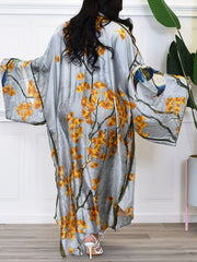 Plus Leaf Print Satin Kimono Cardigan Long Sleeve Open Front