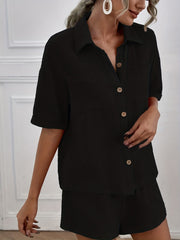 Casual Button Front T-shirt & Elastic Waist Shorts Set