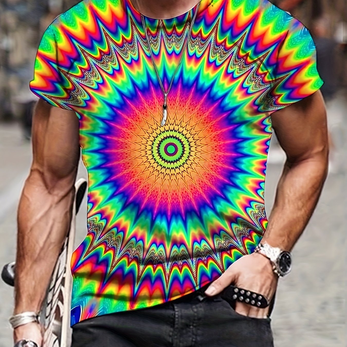 Men's 3D Swirl Print T-shirt Casual Stretch Crew Neck Tee