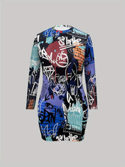 Graffiti Print Long Sleeve Casual Dress