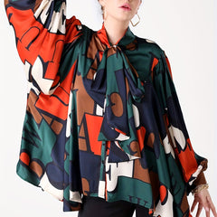 Women's Plus Colorblock Letter Print Lantern Sleeve Blouse