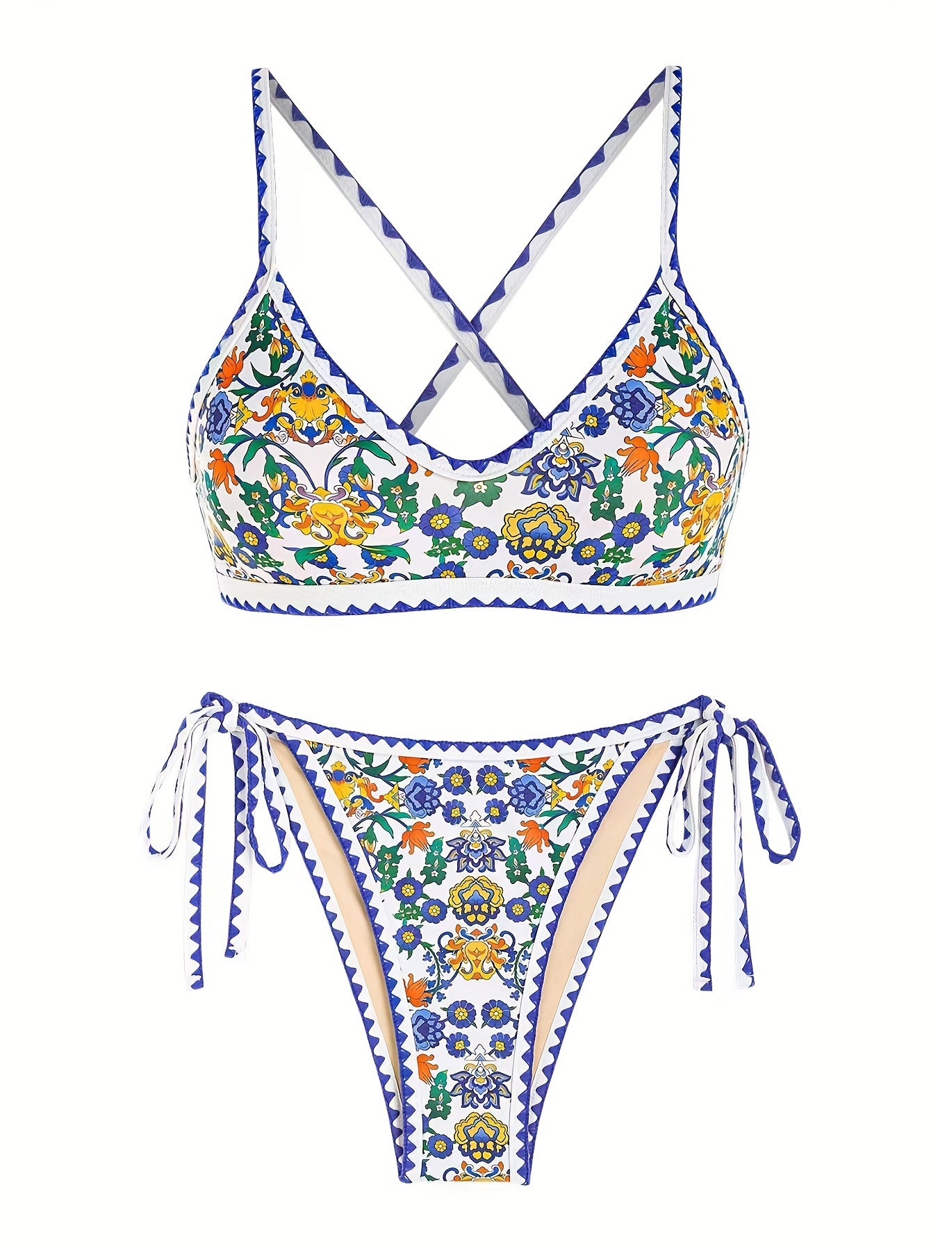 Floral Print Tie Side 2PC Bikini Swimsuit Spaghetti Strap Stretchy Swimwear