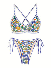 Floral Print Tie Side 2PC Bikini Swimsuit Spaghetti Strap Stretchy Swimwear