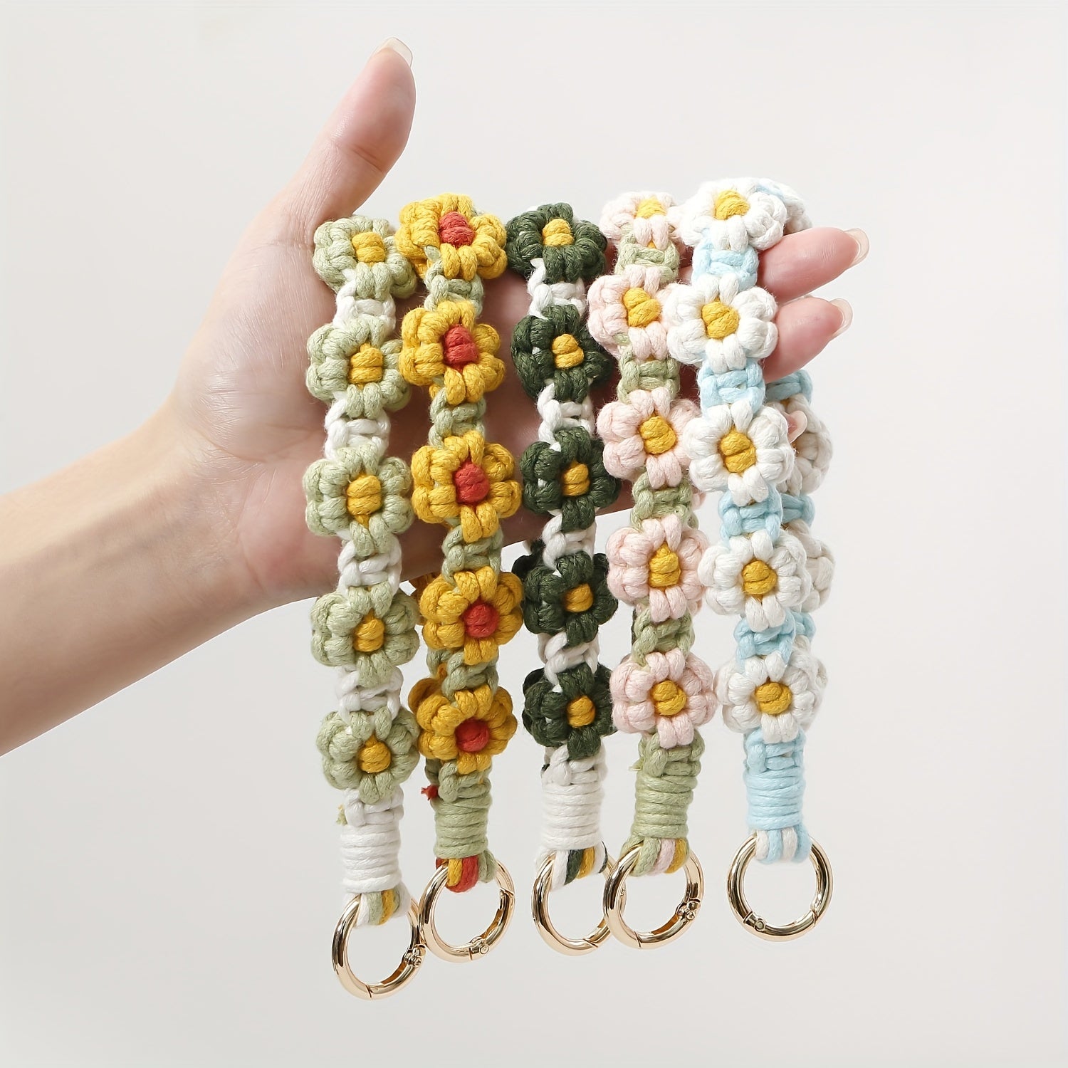Boho Daisy Keychain for Girls Soft Macrame Wristlet Lanyard for Keys