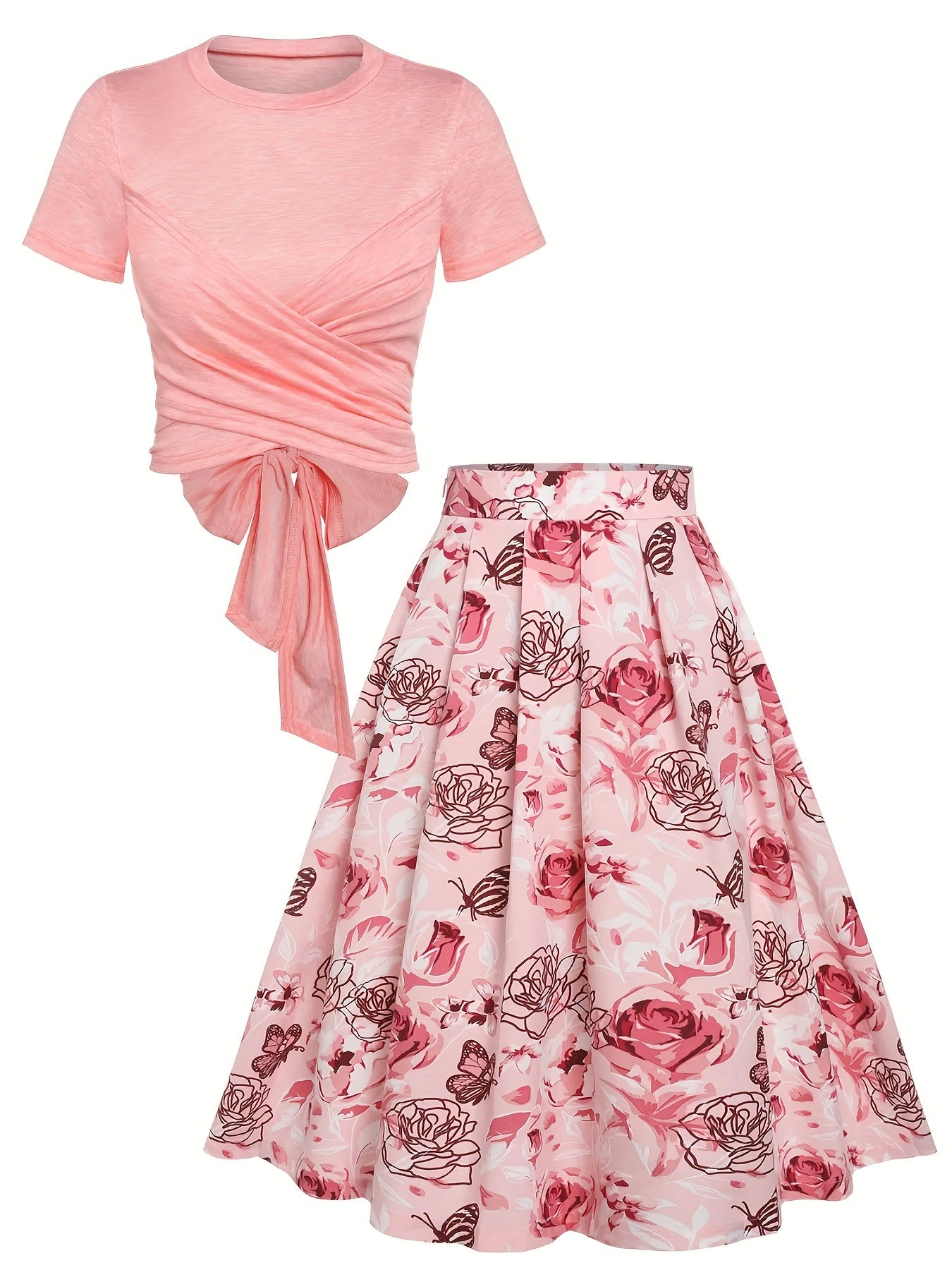 2 Piece Set: Bow Knot Crop Top & Floral Print Pleated Skirt