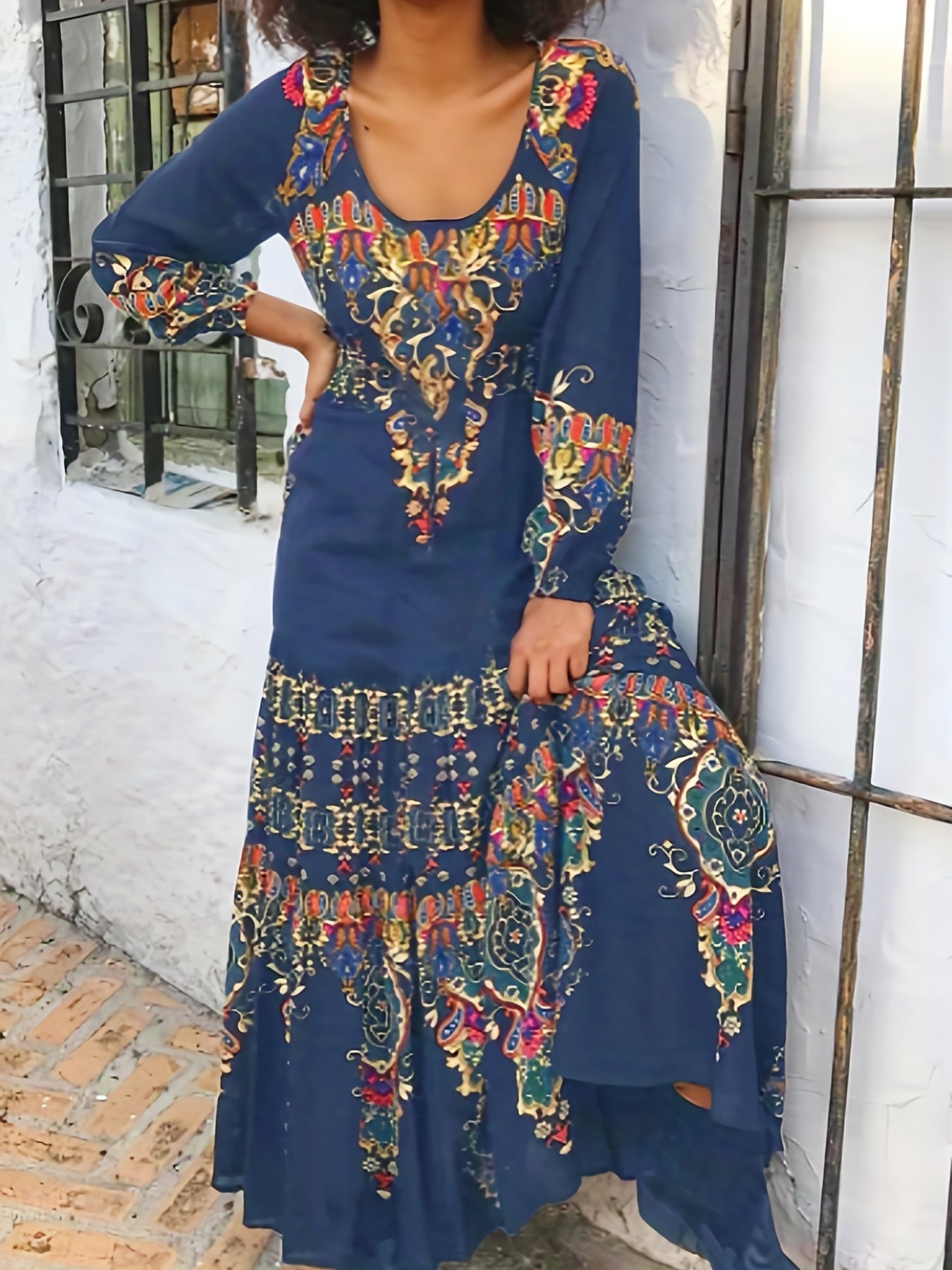 Boho Dress Women's Plus Floral Lantern Sleeve Pleated Dress