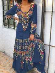 Boho Dress Women's Plus Floral Lantern Sleeve Pleated Dress