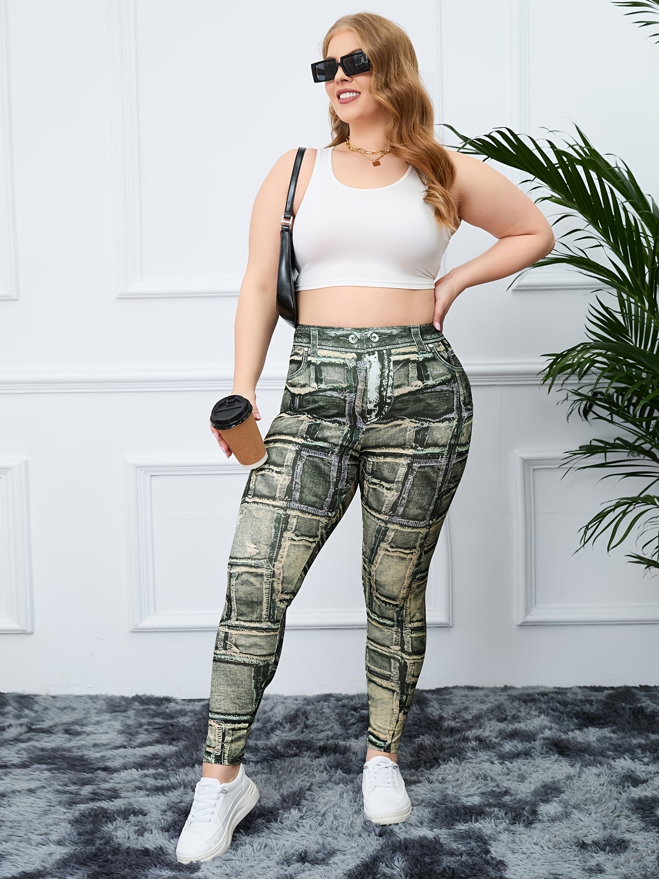 Graphic & Denim Print High Rise Skinny Leggings Women's Plus