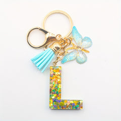 Resin Initial Letter Keychain with Butterfly Pendant and Tassel