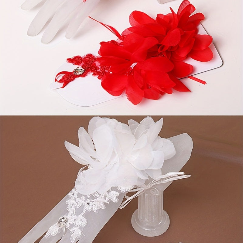 Red Bridal Gloves Short Flower Decorated