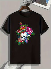 Skull Flowers Print Men's Graphic T-shirt for Summer