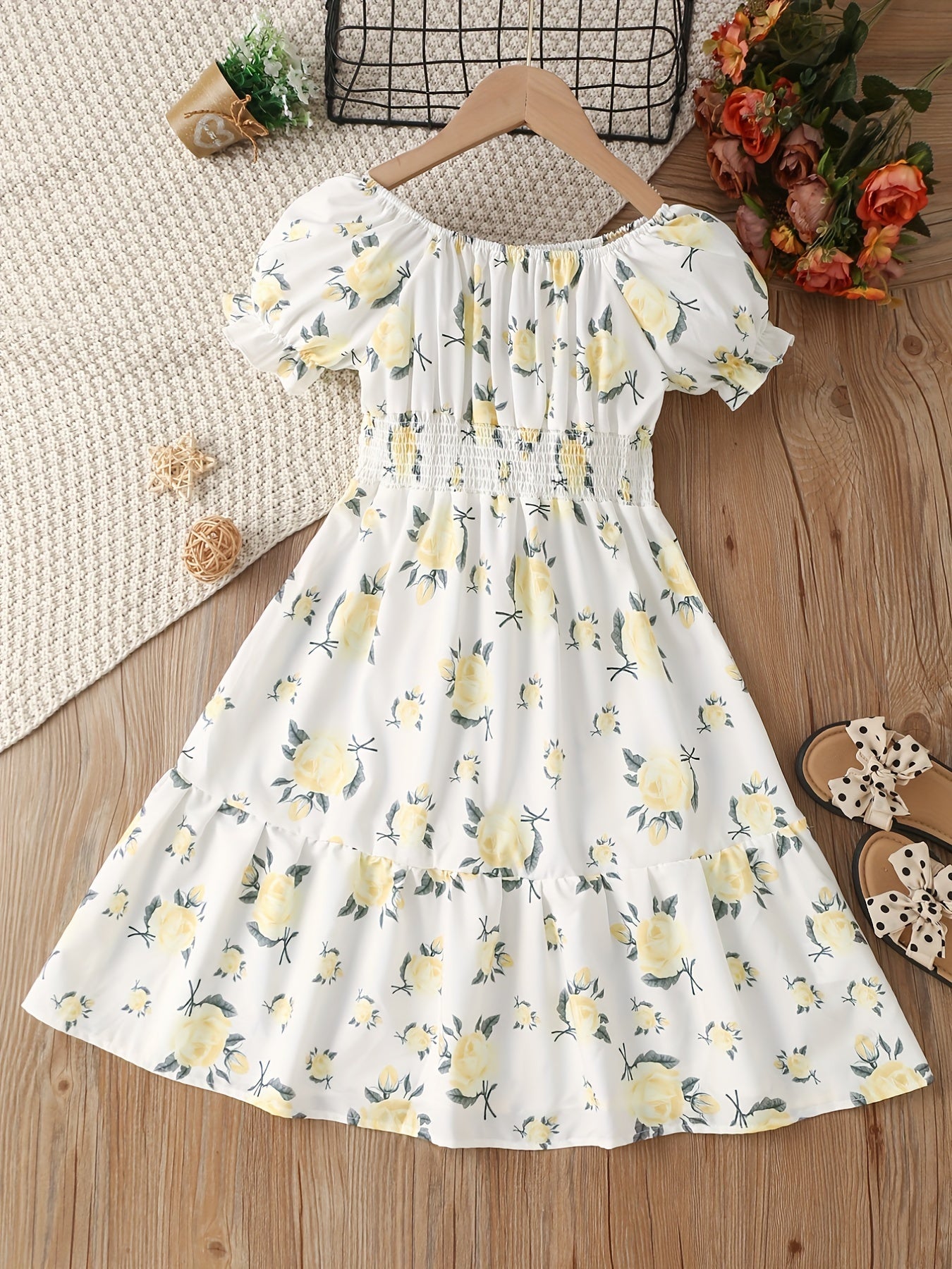 Girls Floral Dress Stretchy Waist Swing Dresses Short Sleeve