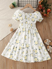 Girls Floral Dress Stretchy Waist Swing Dresses Short Sleeve