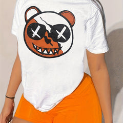 Colorblock Bear Print Crop Top & Shorts Set