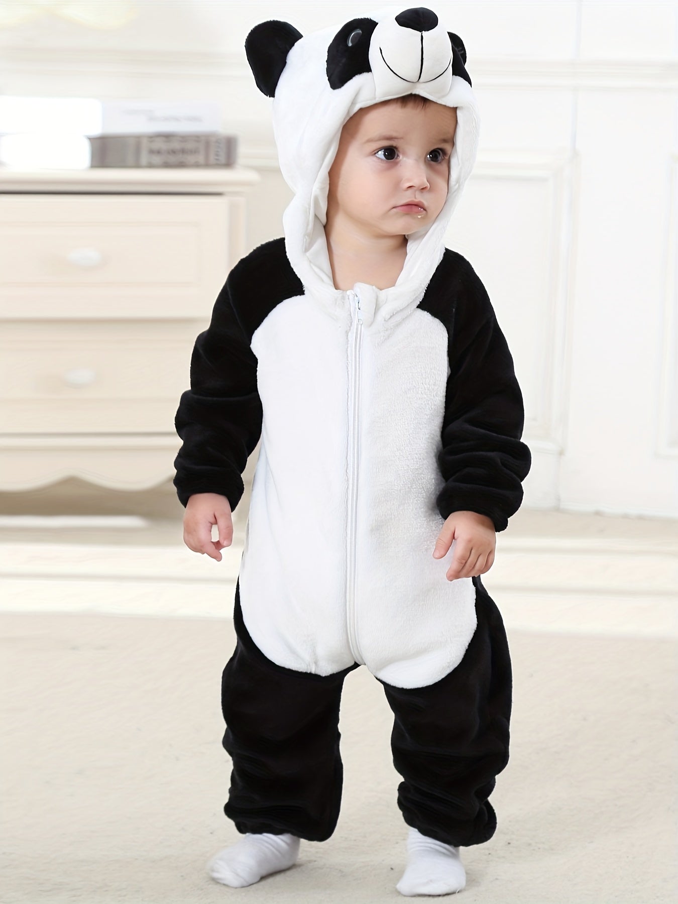 Panda Shape Baby Hooded Thermal Romper Zip Up Long Sleeve