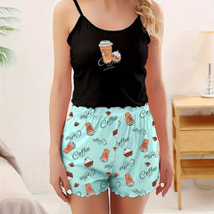 Coffee Print Pajama Set Crew Neck Cami Top & Elastic Waistband Shorts