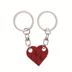 2pcs Wine Red Love Heart Building Block Keychains for Couples Friendship