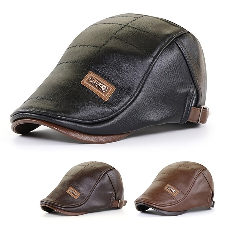 Men's PU Leather Beret Hat Velvet Lined Fishing Hat