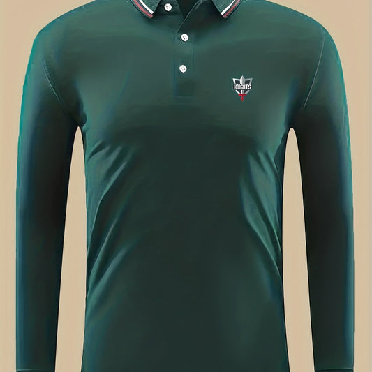 KNIGHTS Pattern Print Men's Casual Button Up Long Sleeve Lightweight Polo Shirt