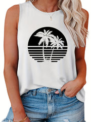 Palm Tree Print Round Neck Tank Top for Women