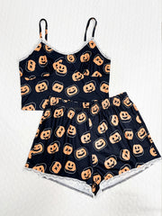 Pumpkin Print Pajama Set V Neck Cami Top & Lace Trim Shorts