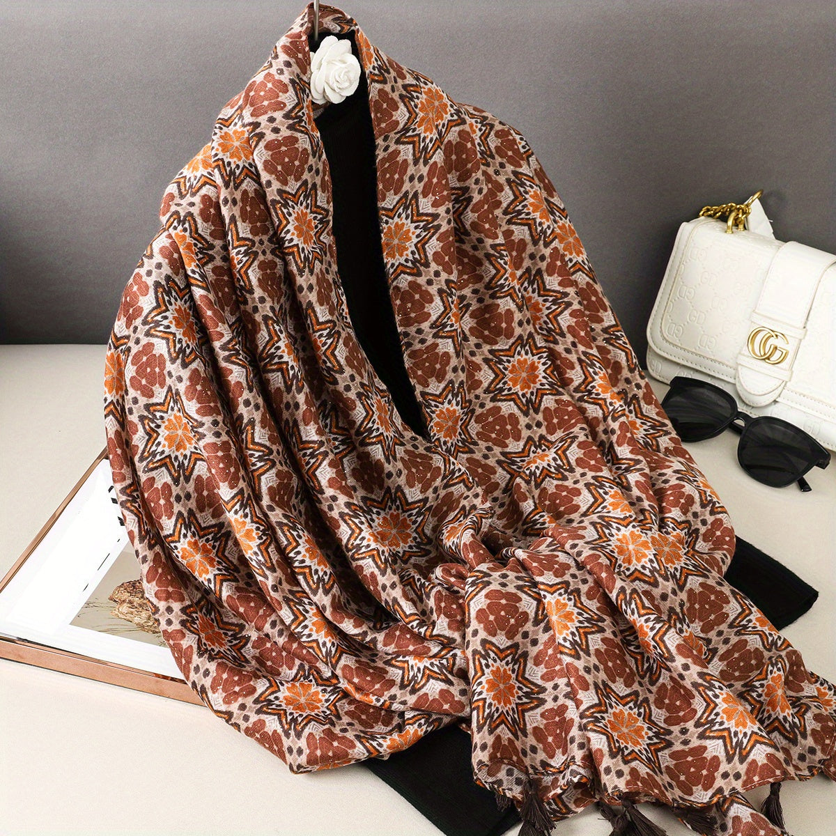 Boho Tassel Scarf Vintage Floral Print Shawl