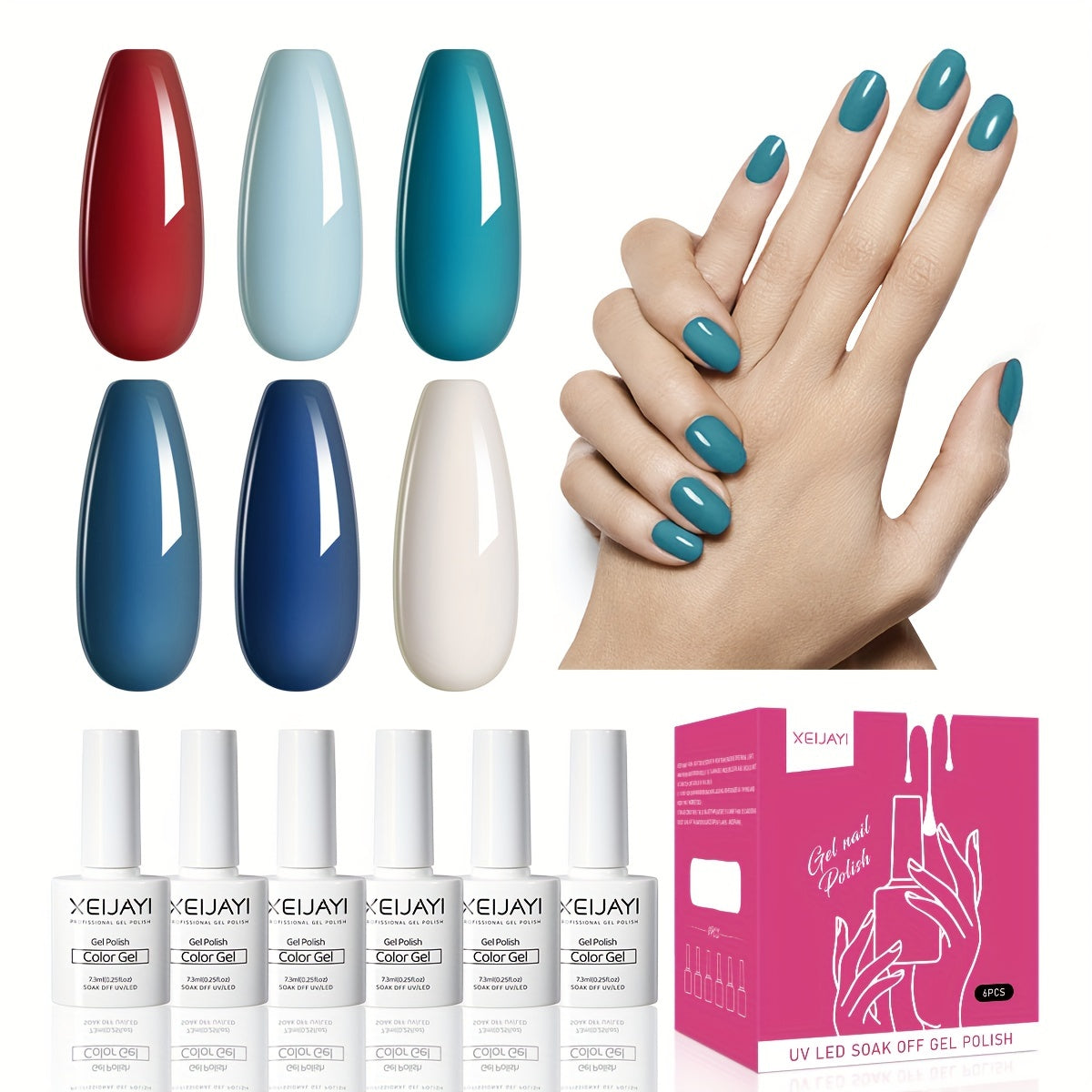6 Colors Gel Nail Polish Starter Kit Red Collection No Wipe Set