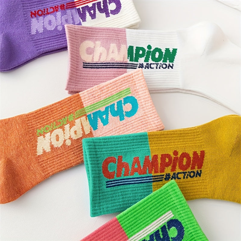 5 Pairs Letter Print Socks Colorblock Crew Socks Women's Stockings