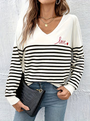 Striped V Neck Pullover Sweater Long Sleeve Casual Spring Fall