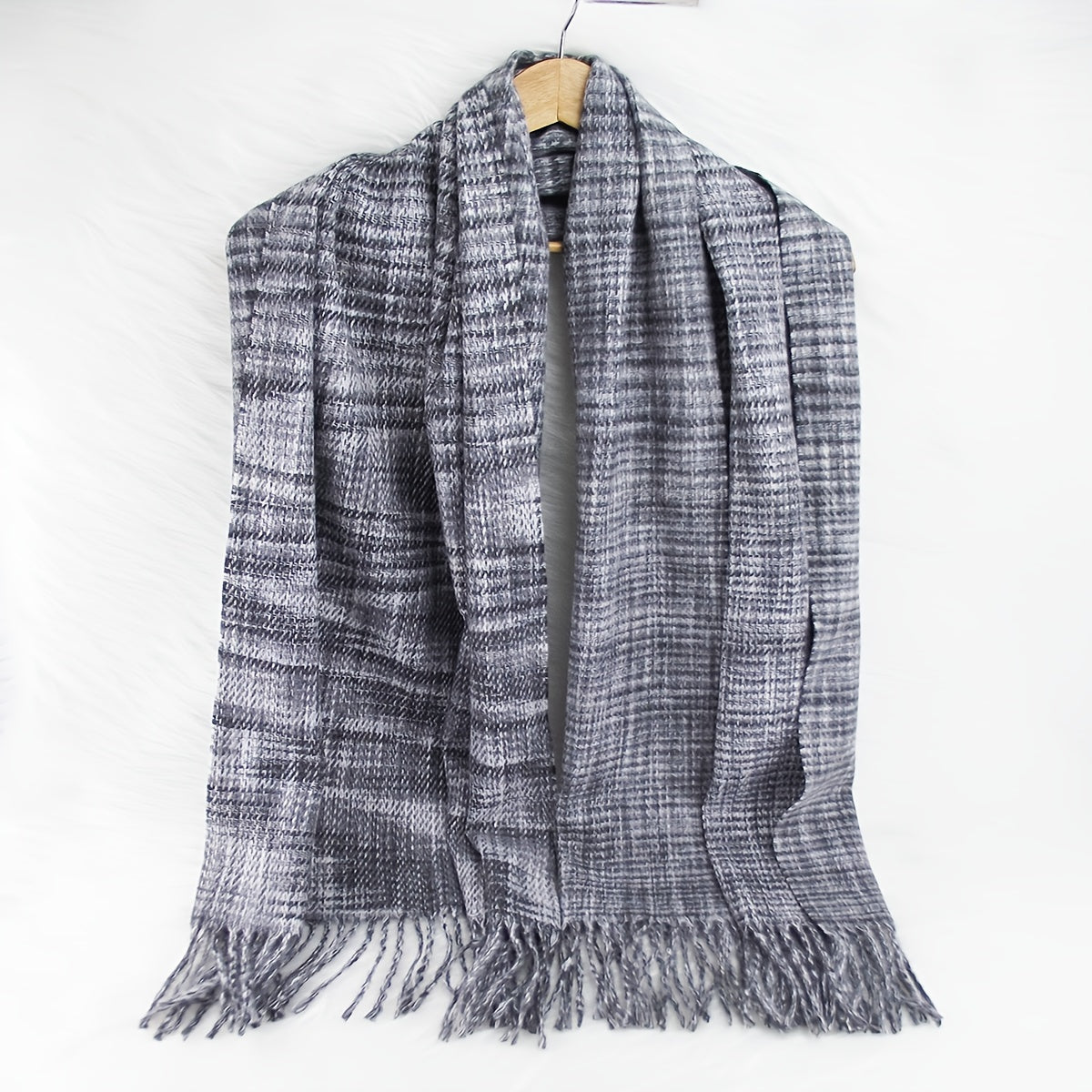 Vintage Grey Tassel Plaid Scarf Cashmere Shawl Women Windproof Headwrap