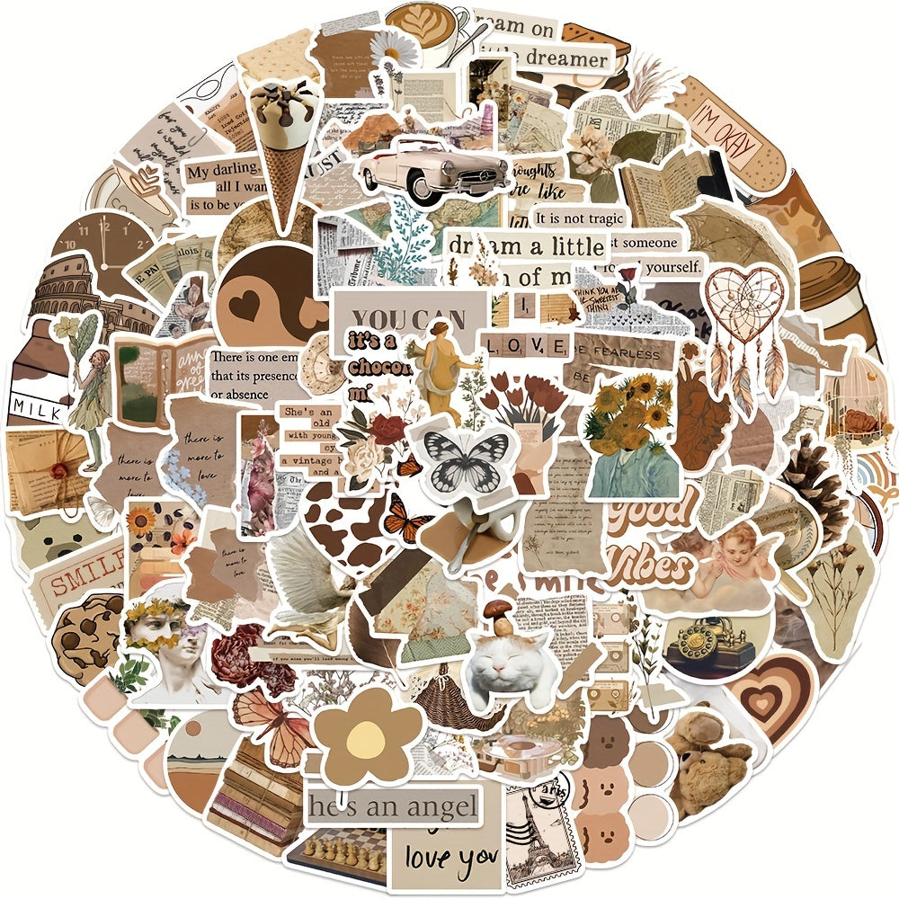 112pcs Retro Brown Art Literary Doodle Stickers Waterproof Decorative