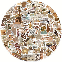112pcs Retro Brown Art Literary Doodle Stickers Waterproof Decorative