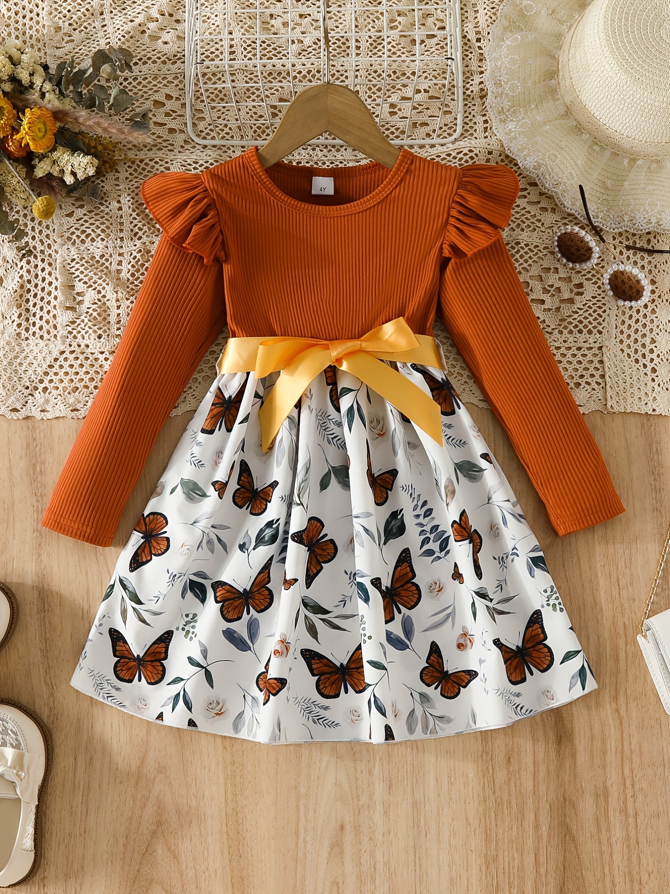 Girls' Butterfly Graphic Ribbed Long Sleeve Dress