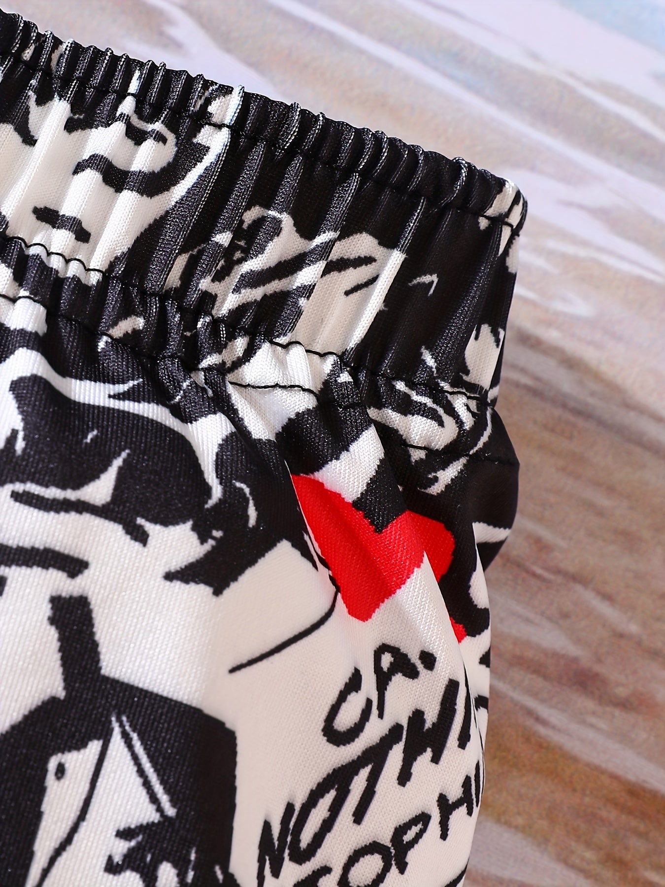 Boys Swim Trunks & Swim Hat Comic Print Elastic Waist Beach Pants