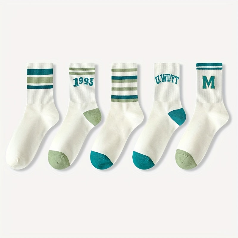 5 Pairs Letter & Striped Print Socks Comfy Sports Socks Women's St