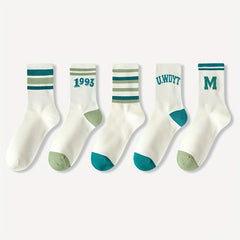5 Pairs Letter & Striped Print Socks Comfy Sports Socks Women's St