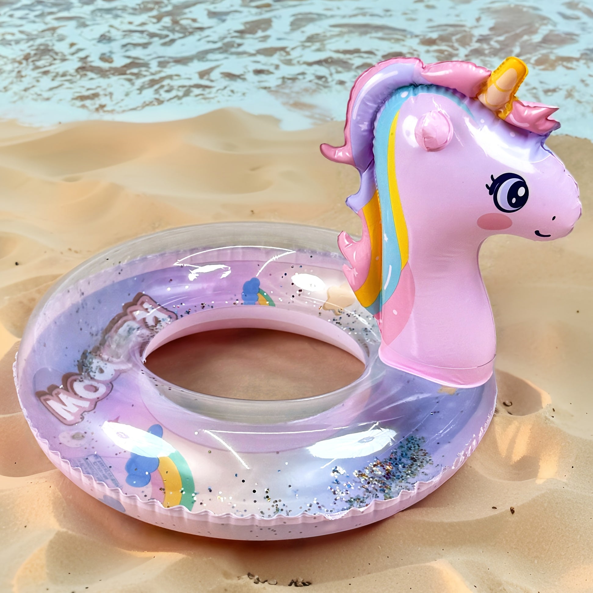 Rainbow Unicorn Pool Float with Glittery Design