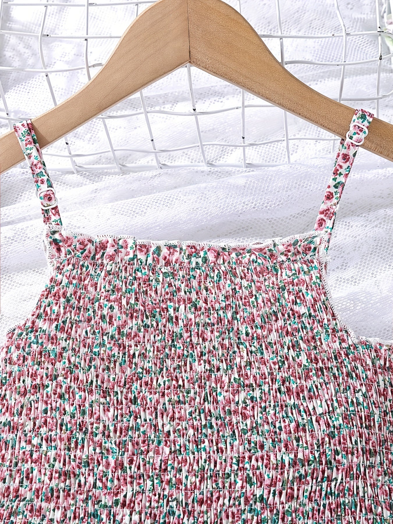 Girl's Floral Shirred Strappy Cami Dress For Party Beach Holiday
