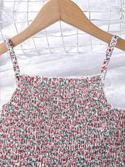 Girl's Floral Shirred Strappy Cami Dress For Party Beach Holiday