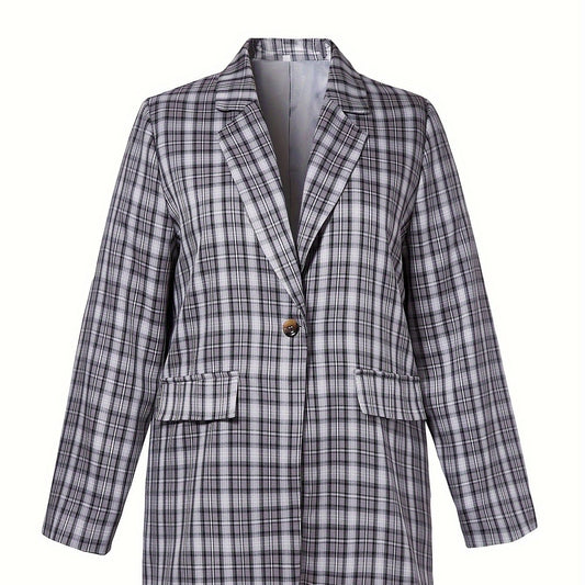 Plaid Print Long Sleeve Lapel Collar Blazer