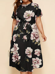Dress Women's Plus Floral Print Short Sleeve Cut Out