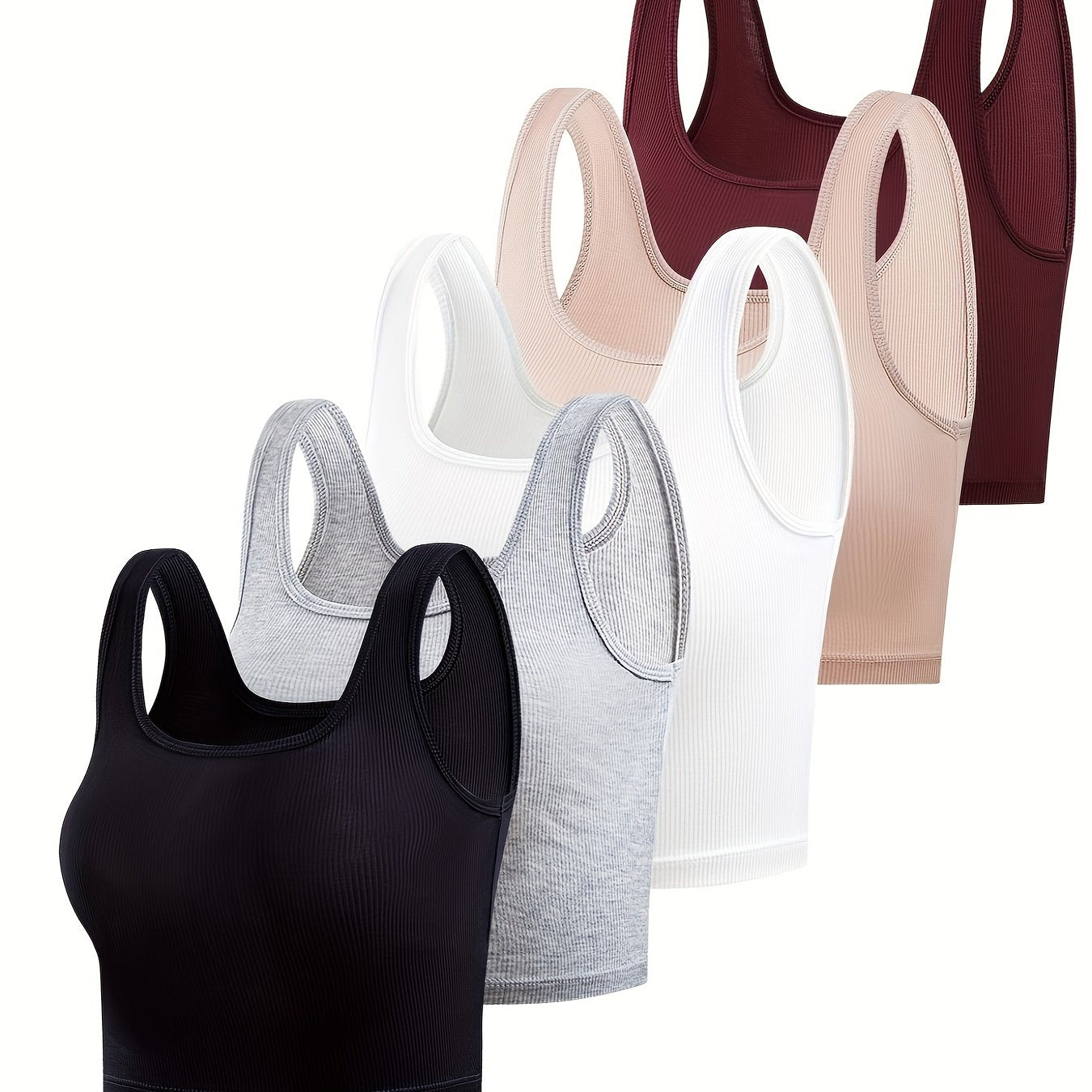 5pcs Solid Ribbed Tank Tops Sleeveless Crew Neck Women's Lingerie