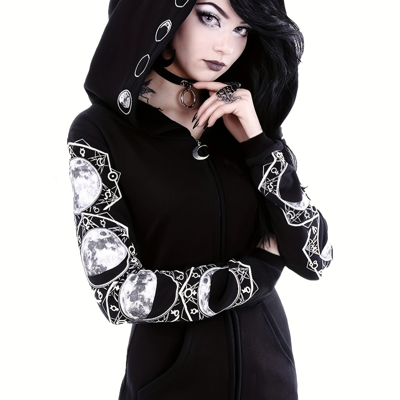 Moon Hoodie Large Hooded Zip Pocket Sweater Casual Tops Women's Clothing