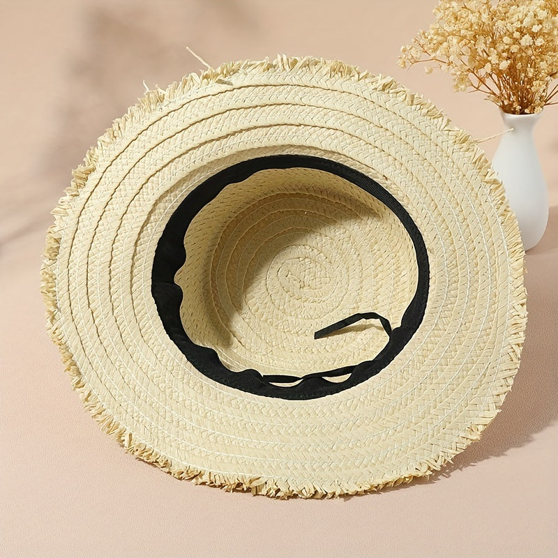Boho Raw Edge Sun Hat Flat Top Straw Fedora Cap
