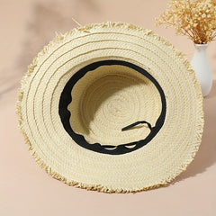 Boho Raw Edge Sun Hat Flat Top Straw Fedora Cap
