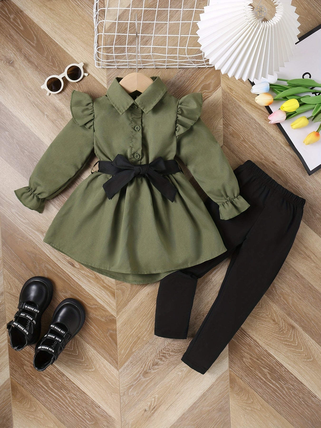 Girl's 2pcs Shirt & Pants Set Ruffle Decor Outfit For Spring Fall